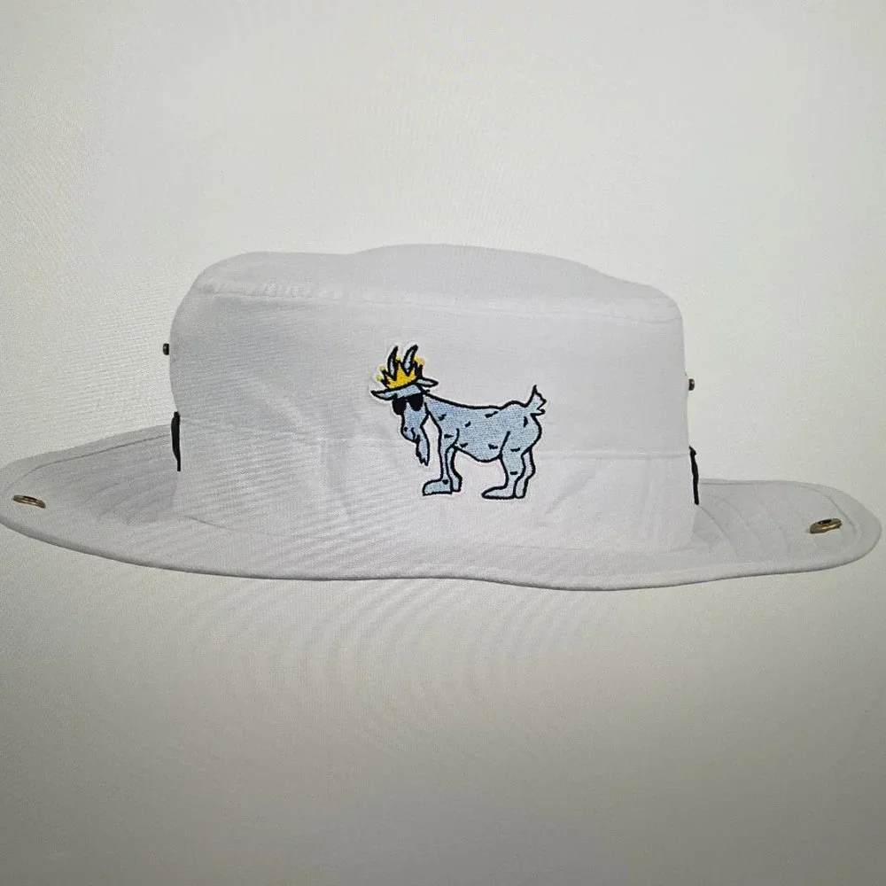 White Bucket Hat with Embroidered Goat Graphic - Picture 1 of 6